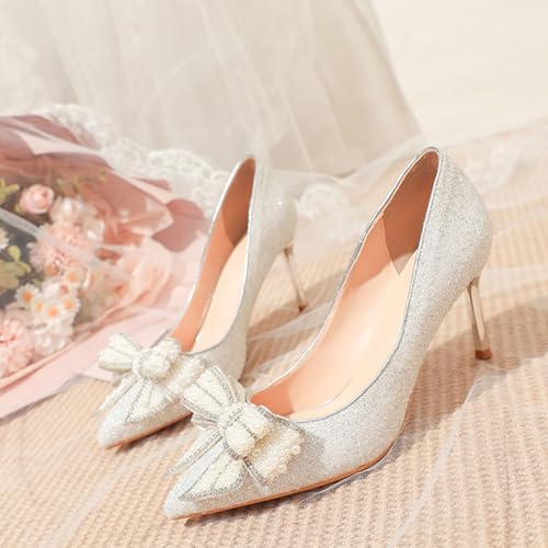 Women's Bow Rhinestone High Heels, Satin Sequins Sparkly Stiletto Sandals Pointed Toe Pull on Pumps Dress Wedding Shoes2