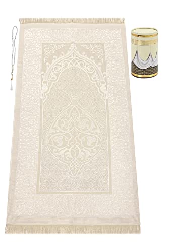 ihvan online Muslim Prayer Rug and Prayer Beads with Elegant Design Cylinder Gift Box | Janamaz | Sajadah | Soft Islamic Prayer Rug | Islamic Gifts Set | Prayer Carpet Mat, Taffeta Fabric, Cream