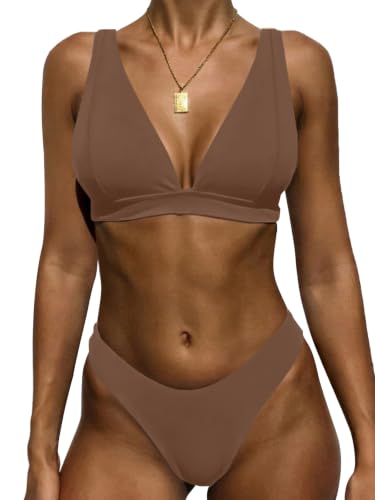 Image of Bathing Suits for Women Deep V Neck Sexy Two Piece Bikini Sets for Women Thong Halter Cheeky Swimsuit