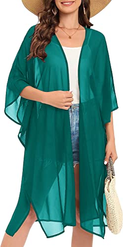Image of Indian Trendy Women's Solid Puff Sleeve Kimono Long Cardigan Loose Cover Up Casual Blouse Top Chiffon
