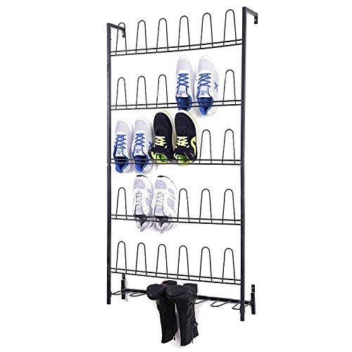 MyGift Black Metal Hanging Shoe Rack, Wall Mount Organizer Holds 18 Pairs