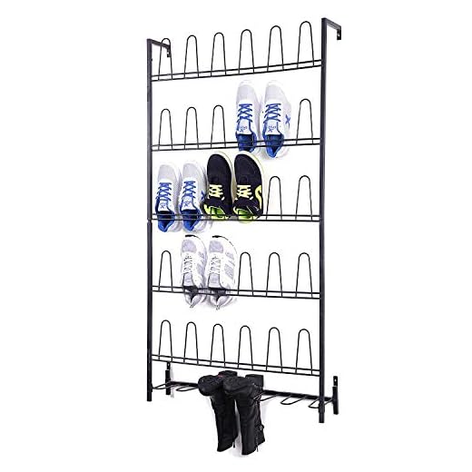 MyGift Black Metal Wall Mounted Boots and Shoe Rack, 18 Pair Entryway Shoe Storage Organizer Stand