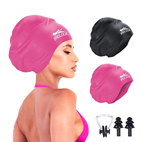 BRDLOCK 2 Packs Extra Large Swim Cap for Long Hair Braids Dreadlocs Waterproof Silicone Swimming Cap (Large-Black,Pink)