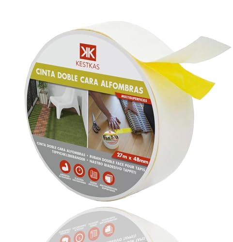 KESTKAS Cinta de Doble Cara Extrafuerte para Alfombras (48mm x 27m) - Moquetas - Césped Artificial, Cinta Adhesiva Doble Cara, Cinta Doble Cara Fina (1)