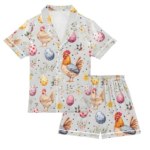 Watercolor Chicken Egg Pajamas Sets Short Sleeve Silk Stain Pjs Button Down Sleepwear for 5-14Y