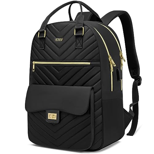 RJEU Borsa per libri per donne, ragazze e adolescenti, zaino estetico, per scuola, borsa per computer portatile, con porta USB, per studenti universitari, lavoro, nero