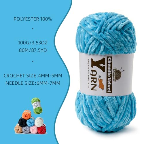 Image of 4 Pack Plush Chenille Chunky Yarn - Fluffy Velvet Yarn Crochet for Blanket Knitting and Crocheting - Soft Baby Yarns for Crocheting - Amigurumi Crochet Yarns 100g (87yds) (4 Lake Blue)