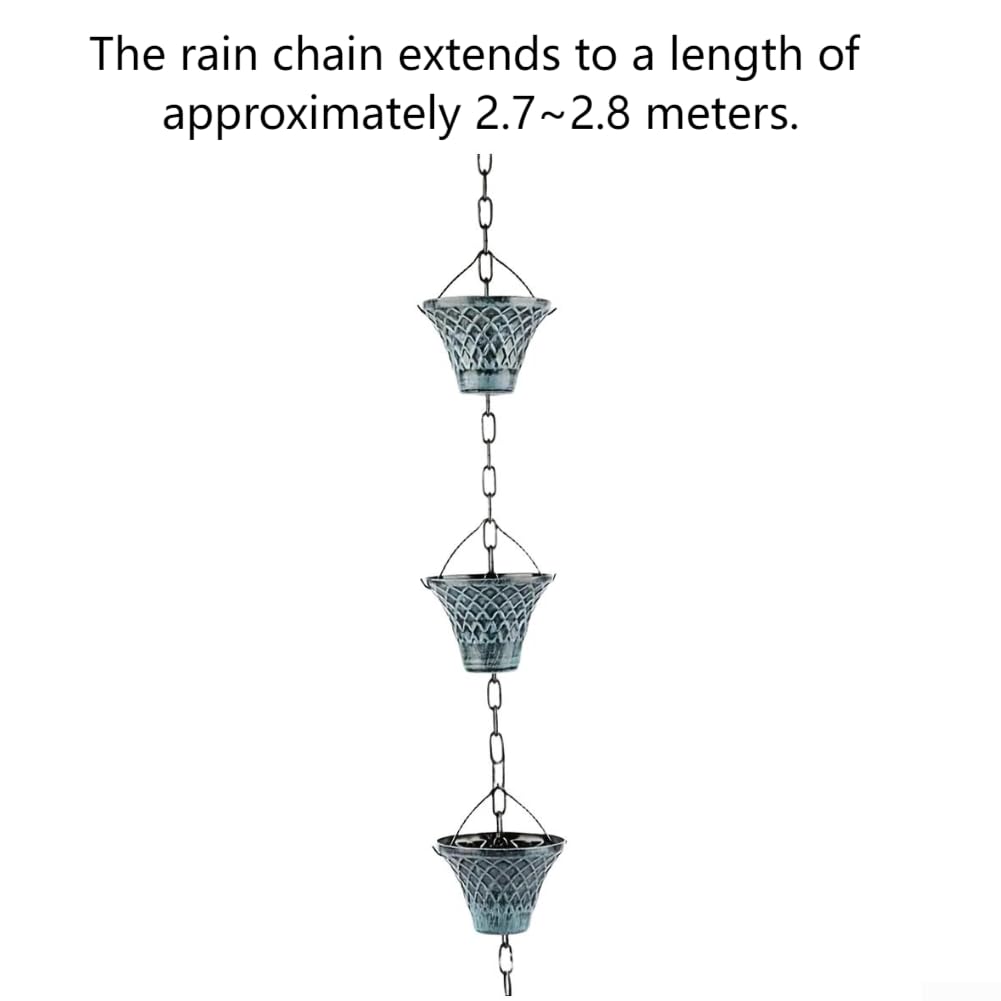 Chaîne de pluie de 2,7 m pour décoration de jardin en extérieur - Bronze bleu fer géométrique - Fixation de gouttière artistique facile à installer (bleu)