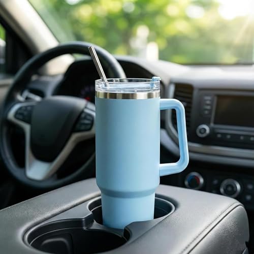 Image of Double Wall Insulated Stainless Steel Tumbler with Handle 1200ml | Travel Mug with Steel Straw| Hot & Cold Beverage Flask | Easy Carry Home, Office, Gym (Blue)