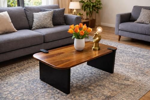 Image of Modern Wooden Coffee Table for Living Room | Sheesham Wood Center Table | Contemporary Tea Table Furniture for Home | Minimalist Designer Cocktail Table for Lounge, Apartment & Office | Teak Finish