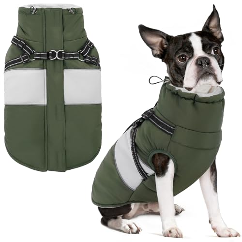 Image of Small Dog Coat with Harness Built in, Warm Dog Jacket Winter with Zipper On Back, Waterproof Pet Snow Jacket Snowsuit Pet Sweater Clothes for Puppy, Army Green XS