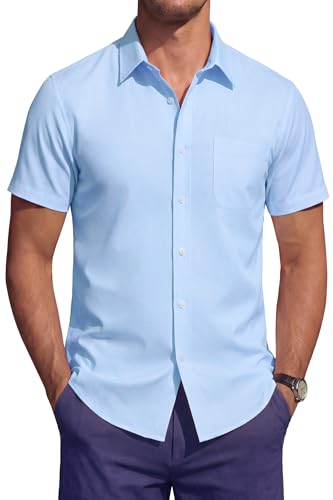 HISDERN Camisa Manga Corta Hombre Vestir Formal Elástica Sin Plancha Camisas de Verano Casual Trabajo Business Regular Fit con Botones y Bolsillo Azul 3XL