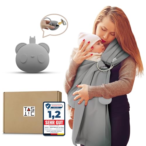 TASTIC Babytragetuch mit Ring f&uuml;r freie H&auml;nde als Set inkl. Schnullerbox - Zum Anh&auml;ngen von Portmonnaie oder Schnullerboxen - Die Babytrage ab Geburt in der Farbe Silbergrau