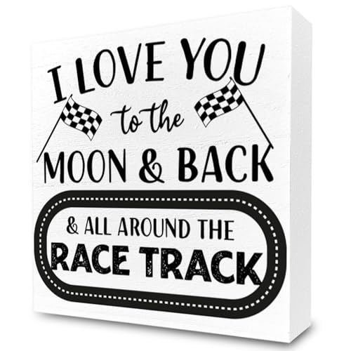 Image of I Love You To The Moon And Back And All Around The Race Track Wooden Sign for Desk, Boy Room Decor for Desk Decoration, 6x6x0.6 Inches
