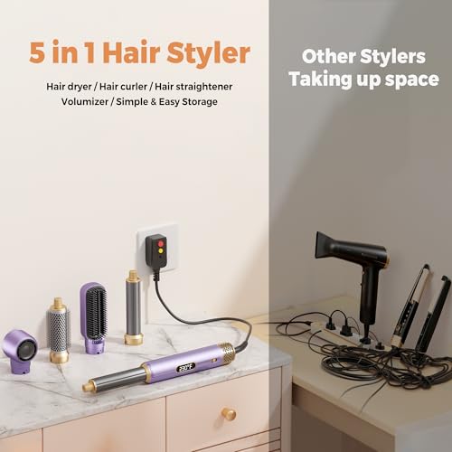 Image of 5 in ONE Hair Dryer Brush, Blow Dryer Curling Wand Hair Styling Tools Set, Ionic Hot Air Brush Round Brush Blow Dryer, Left&Right Styler 100-120V