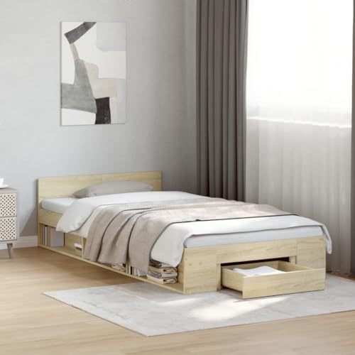 vidaXL Bettgestell, Bett mit Schublade für Schlafzimmer, Bettrahmen mit Lattenrost, Schlafzimmerbett Einzelbett, Sonoma-Eiche 90x200cm Holzwerkstoff