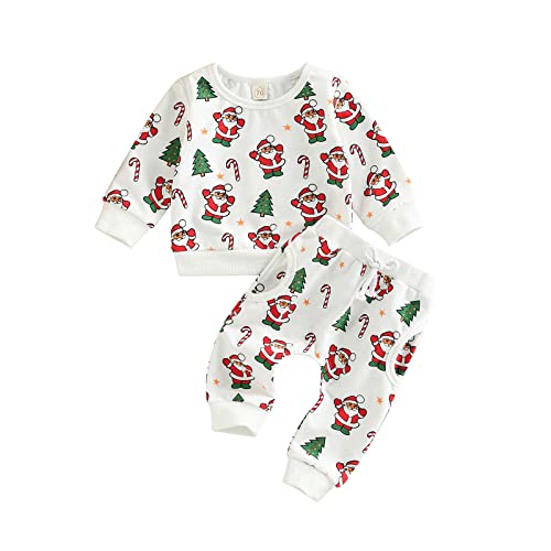 Image of Sprifallbaby Toddler Baby Boy Girl Clothes Set Santa Christmas Tree Print Long Sleeve Sweatshirt Tops With Pant Outfits 2Pcs