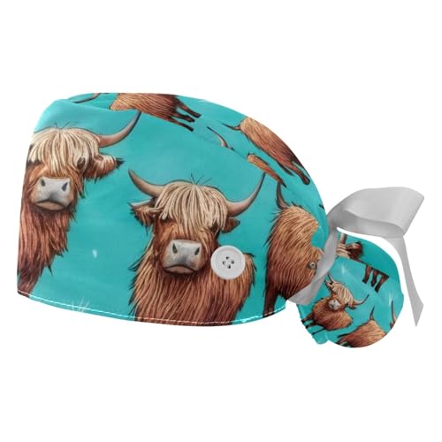 Image of 2 PCS Bouffant Cap with Button Ponytail Pouch Working Cap Sweatband Adjustable Surgical Cap Black and White Cow