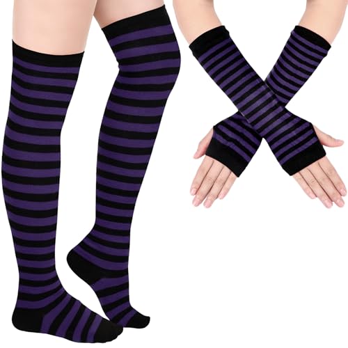 Image of Geyoga Arm Warmers Leg Warmers Striped Thigh High Socks Fingerless Gloves Stockings Christmas Halloween