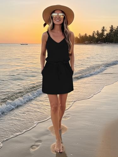 Image of Summer Dress for Women Strapless Beach Cover Ups Boho Sundress Mini Dress Drawstring Waist with Pockets