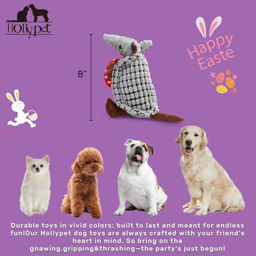 Image of Hollypet Plush Dog Squeaky Toy Stuffed Armadillo Animal Pet Puppy Chew Toys with Clean Teeth for Small Medium Large All Breed Sizes Dogs, Gray, 8 in, Red Eggs with White Dots