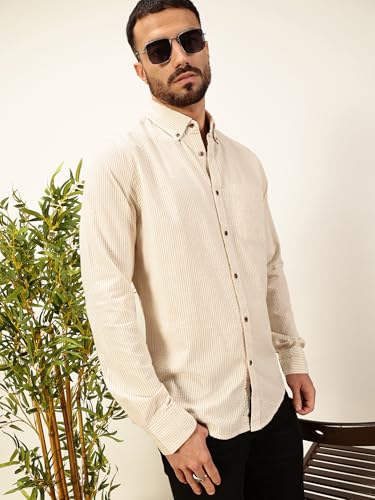 Image of Thomas Scott Men's | Slim Fit | Striped Design | Button-Down Collar | 100% Cotton Casual Shirt for Mens
