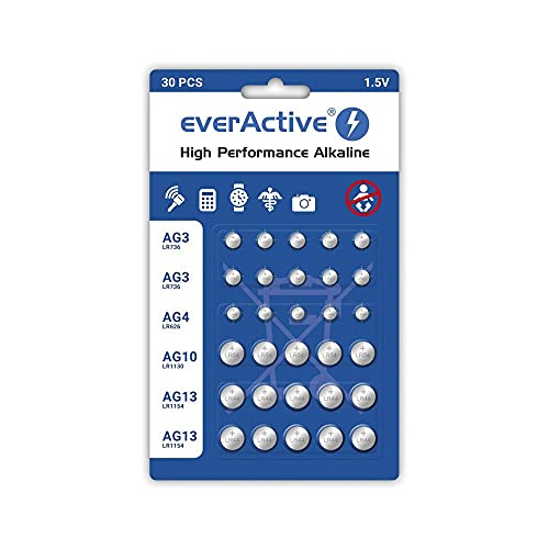 everActive Set 10 x AG3, 5 x AG4, 5 x AG 10, 10 x AG13 1,5 V, 30 x baterías, Pilas de botón, alcalinas, Mini, 3 años de duración, 30 Unidades - 1 blíster