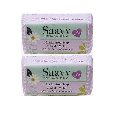 Saavy Naturals Paquete de 2 jabones de barra de manzanilla para bebé de 3.5 onzas, cuidado orgánico de la piel para el baño infantil con manteca de