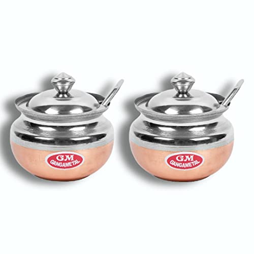 Image of Ghee Container With Spoon Oil Dispenser | Ghee Pot Steel, Ghie Dispenser | Salt Container With Spoon | Steel Oil Pot 300ml Silver Pack of 2 (Pack Of 2, Coper Base)