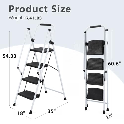 Image of 4 Step Ladder,Folding 4 Step Stool with Handrails, Sturdy Steel Ladder with Wide Pedal, Ladders for Home Kitchen Pantry Office, 500 lb Sturdy Steel Ladder for Adults Portable