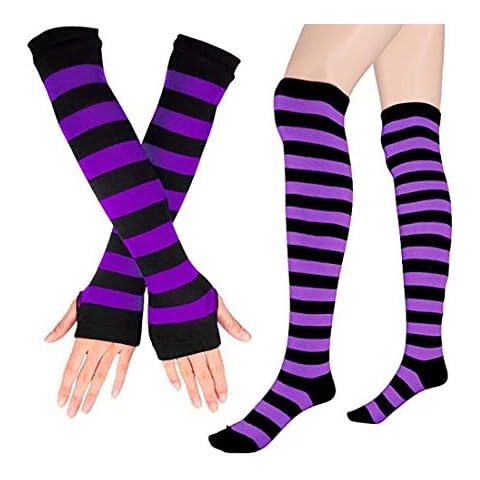 ECOSCO Womens Rainbow Stripe Knee Thigh High Socks Arm Warmer Fingerless Gloves (1 pairs Socks&1 pairs Gloves-Purple) Cover