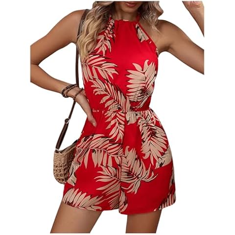 SHENHE Tropical Print Backless Romper Cover