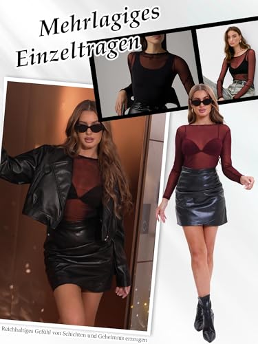 Eisnnu Mujer Camiseta Transparente Manga Larga Camiseta Sexy Malla Top Camiseta básica de Manga Larga para Fiesta, Ropa para Discoteca(FR,S,Rojo)