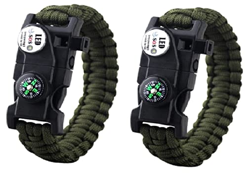 Galaxy 21 in 1 Survival Bracelet, Paracord Emergency Outdoor Sports Wristband Kit Waterproof Compass, SOS LED Light, Thermometer, Rescue Whistle, Fire Starter.. Multi 21 Tools (Green 2 Pc)