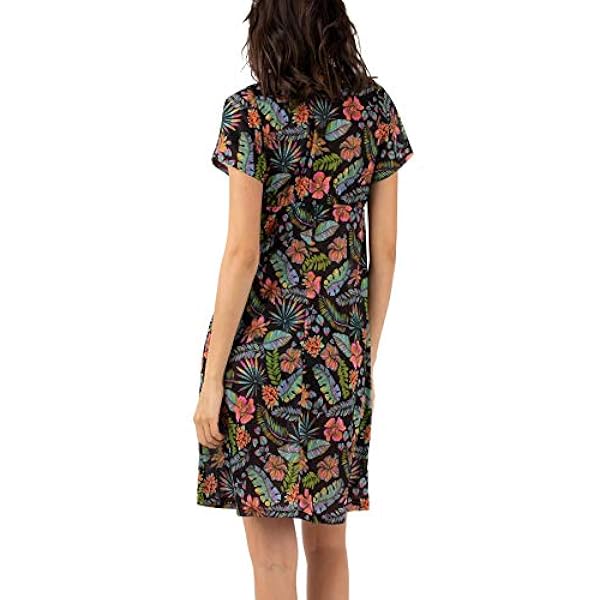 Abito Corto con Mezza Manica e scollatura Centrale, con Tessuto in Lycra a Fondo Nero e Stampa Floreale a contrasto.