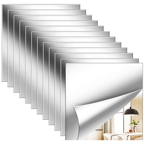 12 Pack Flexible Mirror Sheets 12x12 Inch Self Adhesive Non-Glass Mirror Tiles Cuttable Shatterproof Acrylic Stickers Safe Reflective Film for DIY Home Wall Decor Kitchen Bedroom