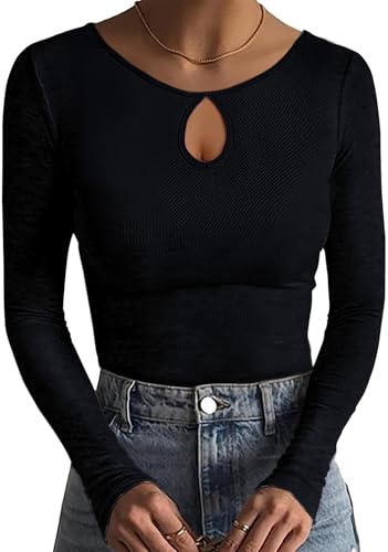 Basicspace Womens Curvy Chic Comfort Long Sleeve Cutout Neckline top Keyhole Slim Fitted Ribbed Knit Trendy Elevate Your Look