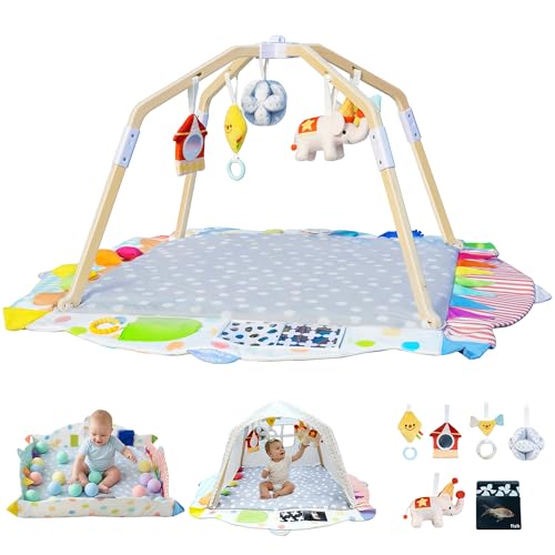 Image of Kizfarm Baby Play Gym Mat, 5 Developmental Zones Wooden Tummy Time Mat, Baby Activity Mat with 5 Detachable Sensory Toys, Stage-Based Development from Newborn Infant, Baby Essentials Shower Gift