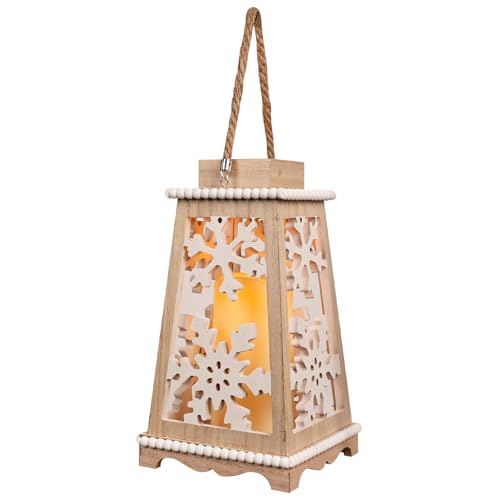 DECORKEY Christmas Decorations, Wooden Candle Holder for Farmhouse Christmas Decor Indoor Outdoor, Unique Decorative Hanging Lantern with LED Candle for Christmas Table Centerpieces, Porch, Mantel