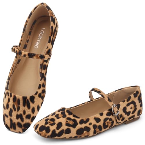 Lookyno Womens Ballet Mary Jane Flats Shoes Adjustable Strap Square Closed Toe Chic Footwear with Latex Insole Leopard Print US 7