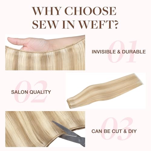 Image of GOO GOO Sew in Hair Extensions Real Human Hair, Weft Hair Extensions Human Hair, 18A /613A Dark Blonde Highlighted Bleach Blonde 20inch 130g, Weft Bundles Straight Silky Remy Hair