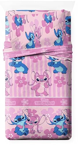 Disney Juego de Sábanas Infantil 3 Piezas Licencia Oficial Marvel (Encimera+Bajera+Almohada) 52% Algodón 48% Poliéster – Cama 90/105 (Stitch Rosa, Cama 90cm)
