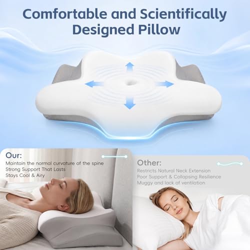 Image of Cervical Neck Pillow, Memory Foam Pillows for Neck and Shoulder Pain Relief, 2 Heights Ergonomic Pillow with Breathable Ice Silk Cover, Neck Support Pillow for Side Sleepers White