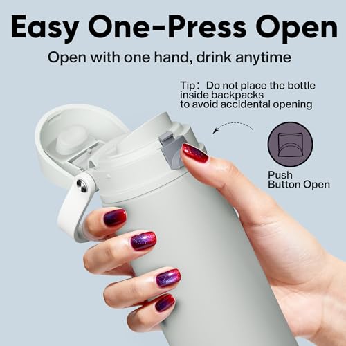 Image of Insulated Water Bottle with Straw - Encool Stainless Steel Water Bottle with Push Button Lid, Leak-Proof & BPA-Free, Keeps Cold for 24 Hours for Sports, Travel, Gym (24 oz, Silver Grey)