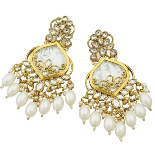 Image of Traditional 20K Gold Plated Kundan Chandbali Earrings with Black Beads and Faux Pearls for Women - Ethnic Wedding & Partyy Wear Statement Jewelry