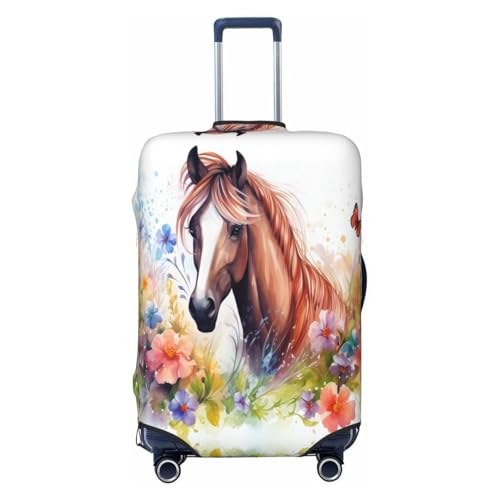 Spandex Travel Luggage Cover Printed Watercolor Horse Flowers Double-Sided Suitcase Protector Bag,Dust-Proof Cratch-Resistant Washable Baggage Covers For Kid Adult,Small