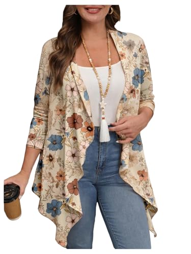 OYOANGLE Women's Plus Size Boho Floral Print Long Sleeve Open Front Kimono Lightweight Asymmetrical Cardigan