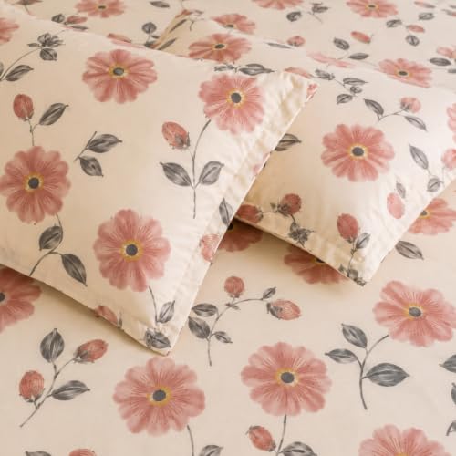 Image of MARROW LANE 300 TC Soft Air Cotton Double Bedsheet | Blush Poppy | Flatsheet with 2 Pillow Covers | Pink Floral Print (228.6 x 254 cm, Pink & White)