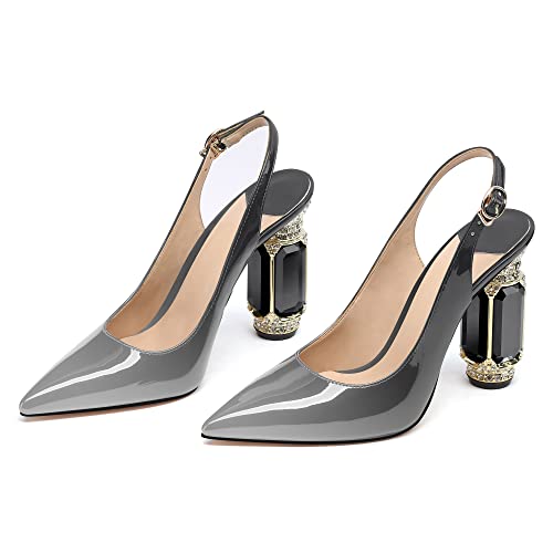 Image of JANSEVEN Women Chunky Heels Pumps Crystal Block Heels with Rhinestones Pointed Toe Sexy Gradient Patent Leather Slip on Bridal Party Wedding Dress Shoes 5-13 M US