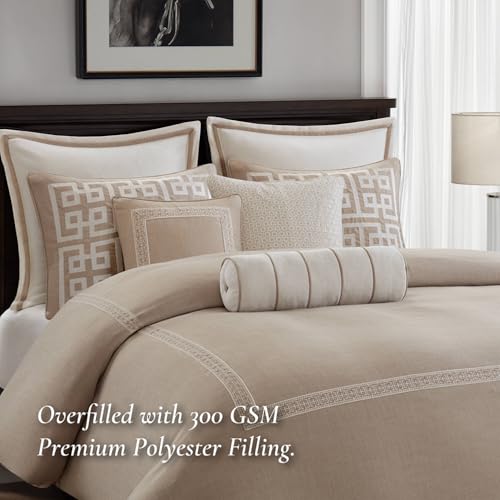 Image of Madison Park Signature Oversized Queen Comforter Set, Luxury Hotel Style Bedding with Embroidered Details, All Season Down Alternative Comforter, Matching Shams & Decorative Pillows, Taupe, 8 Piece